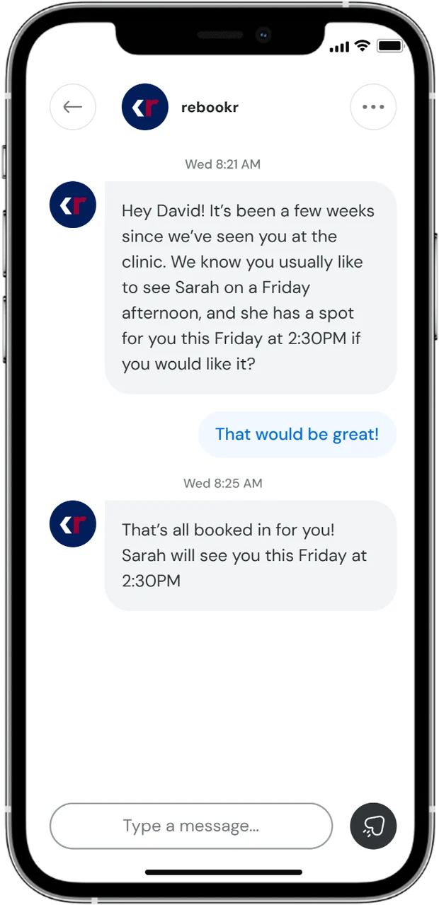 The full rebookr text conversation on a phone, ending with the appointment booked and confirmed.
